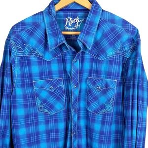 Rock 47 Wrangler Mens XXL Blue Plaid Western Snap Shirt Embroidered MRC339M